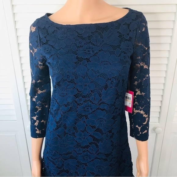 New VINCE CAMUTO Navy Ruffled Lace Dress Size 2 - Picture 3 of 11